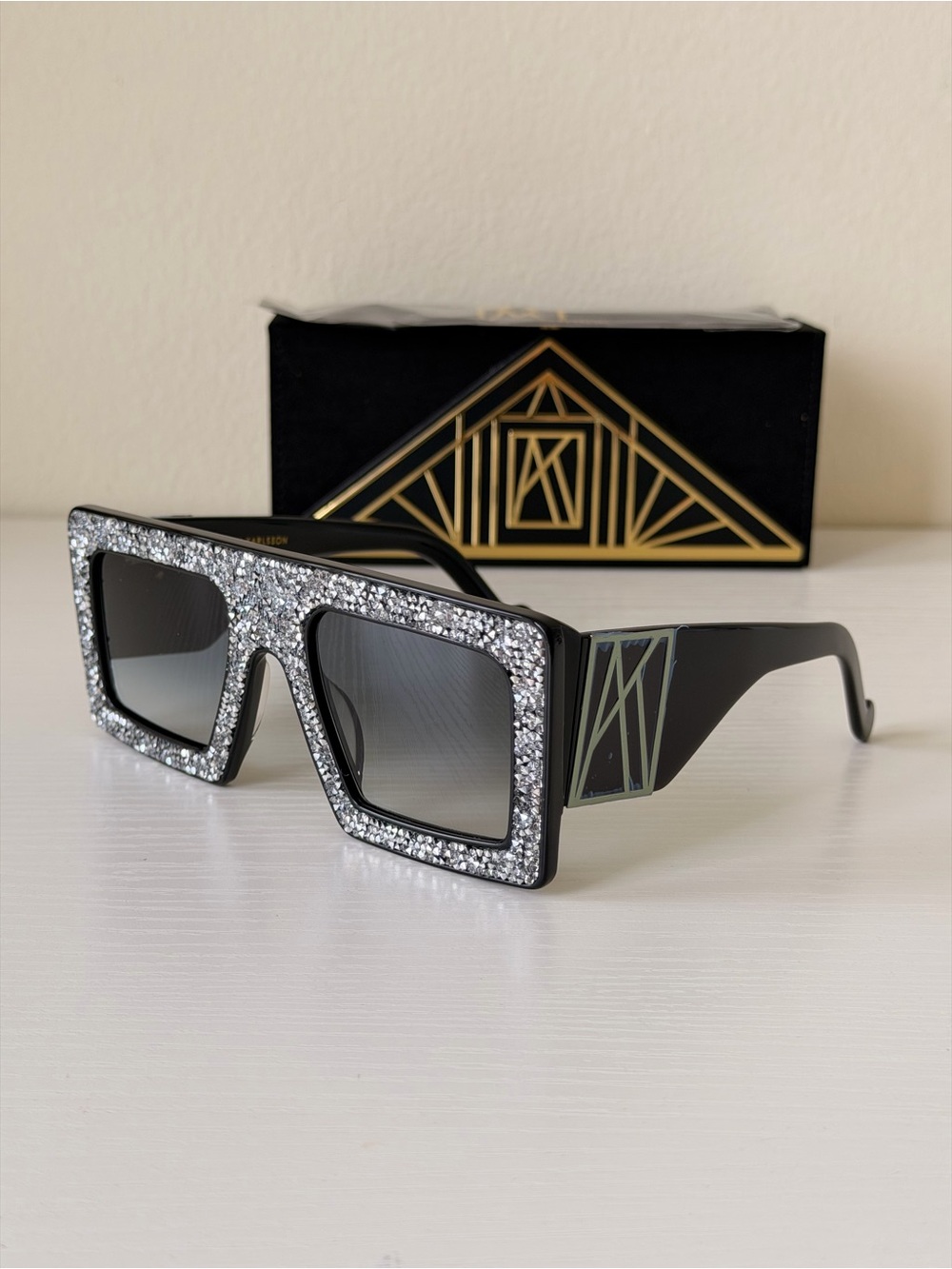 New ANNA KARIN KARLSSON Mother Beep Ice Black Square Crystal Rim Sunglasses